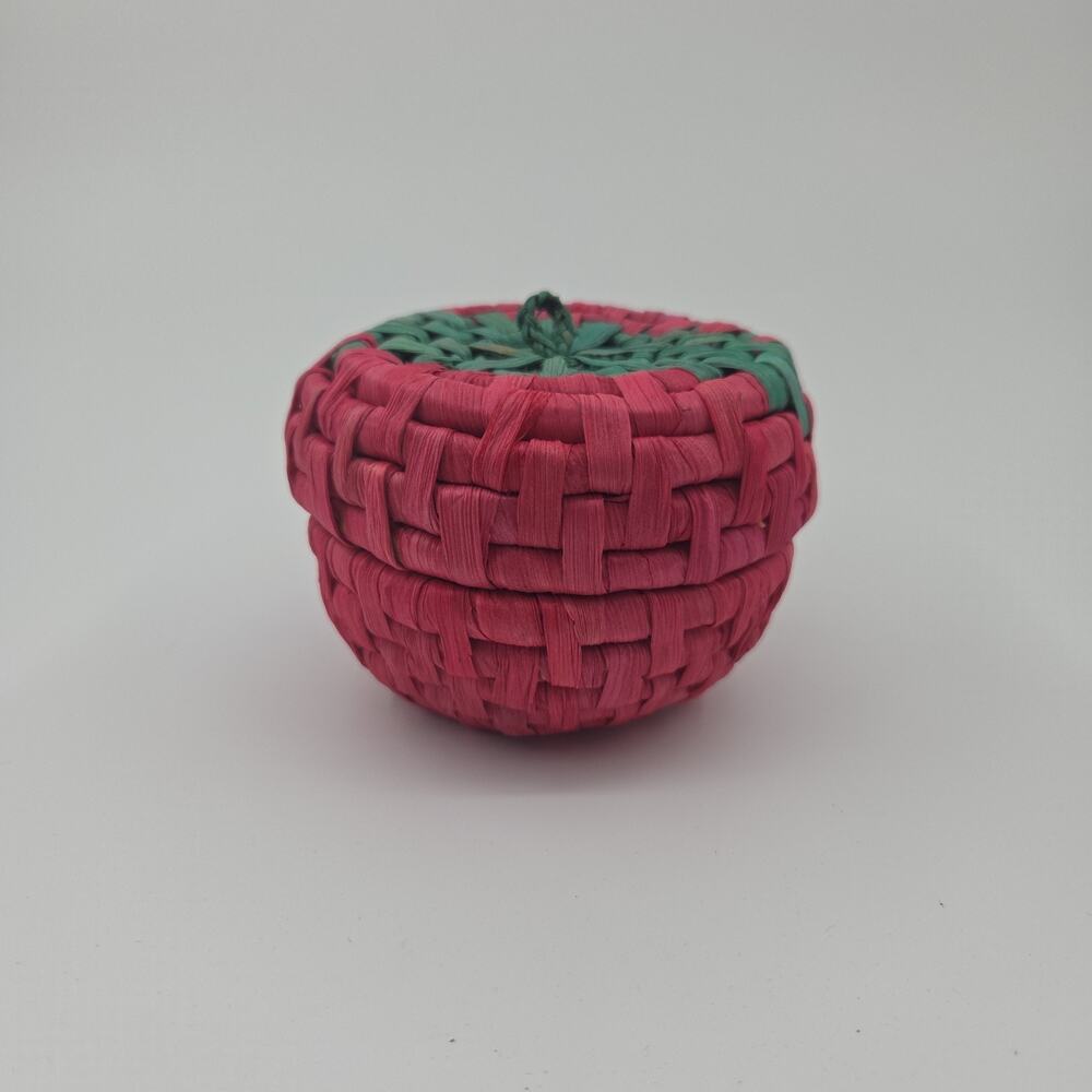 Small Strawberry Basket Handwoven Lidded Trinket Box Pink Green Boho Cottagecore